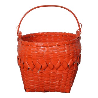 Antique Folk Art Boho Orange Painted Woven Wicker Basket W Bentwood Handle For Sale