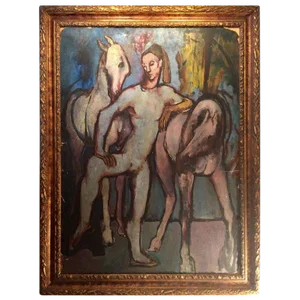 Early 20th Century Antique Harlequin With Horses Picasso School Oil on Artist Cardboard Painting