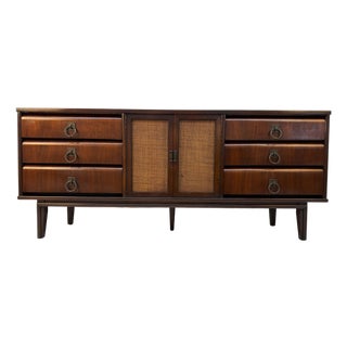 Mid-Century Modern Walnut and Cane Nine Drawer Dresser For Sale