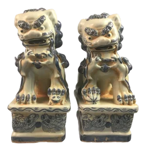 Asian Antique Blue and White Foo Dogs - a Pair