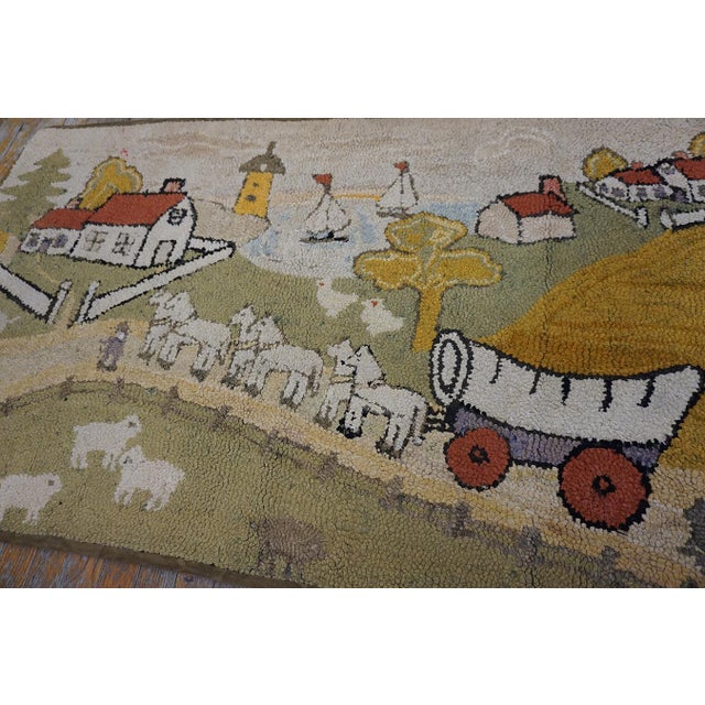 Artistic Small Size Pictorial Antique American Folk Art Prairie Town Farm Animal Scene Hooked Rug For Sale - Image 10 of 10