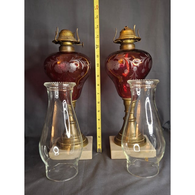 Victorian Pair Antique Bohemian Cranberry Cut-to-Clear Kerosene Lamps Marble Base P&a Eagle For Sale - Image 3 of 15