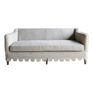 Madison Slip Covered Ticking Stripe Linen Sofa With Scallop Skirt Down Cushion For Sale