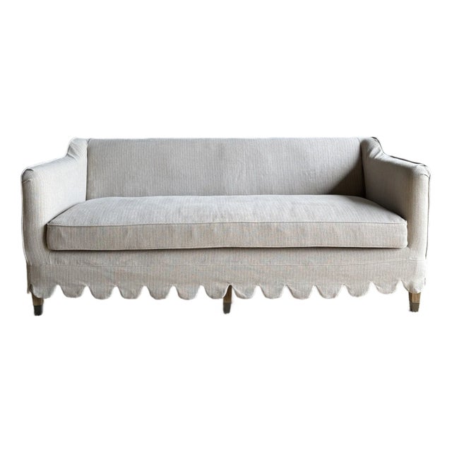Madison Slip Covered Ticking Stripe Linen Sofa With Scallop Skirt Down Cushion For Sale