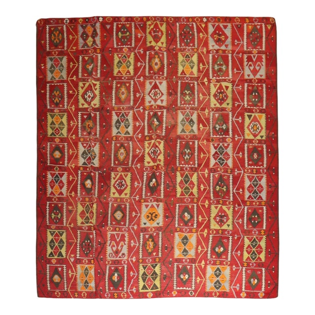 Vintage Zabihi Collection Cherry Red Room Size Turkish Kilim - 8'10" x 10'11" For Sale