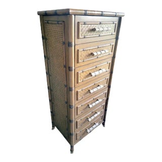Vintage 7 Drawer Faux Bamboo Tan Tall Jewelry Box Flip Top Linger Chest of Drawers For Sale