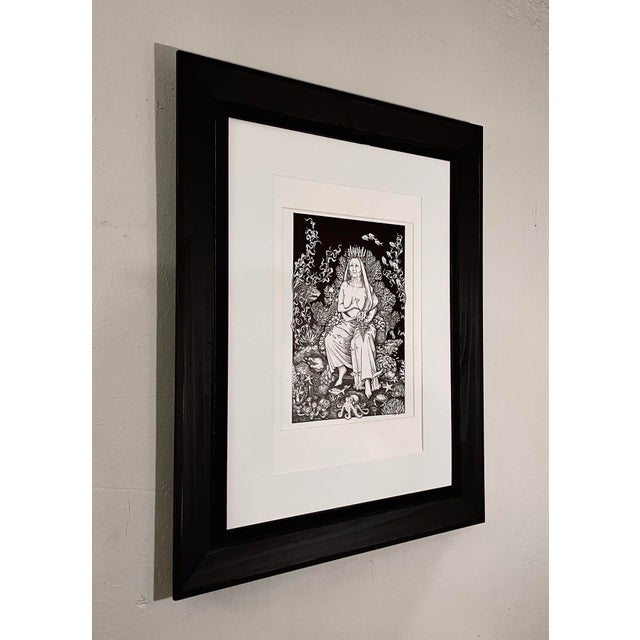 Figurative The Queen of Cups by Jerianne Fulton | Ink on paper depicting a seated figure among marine life. For Sale - Image 3 of 3