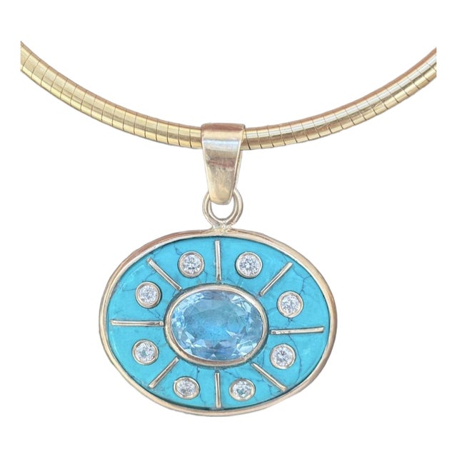 Sol Pendant, Turquoise With Blue Topaz, Diamonds & 14k Gold For Sale