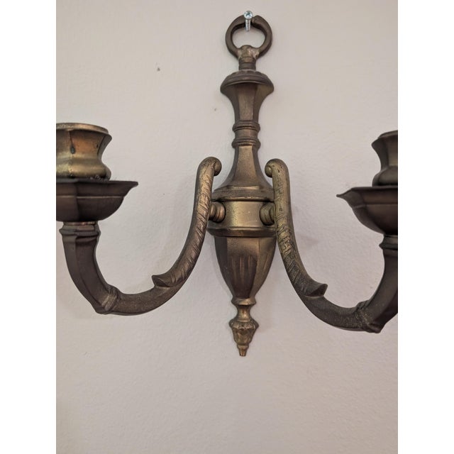 Vintage Pair of Brass Double Arm Wall Candle Scones - a Pair For Sale - Image 9 of 12