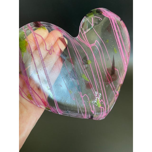 Pink Artisan Glass Tray in the Shape of Heart by Joy Mc For Sale - Image 8 of 9