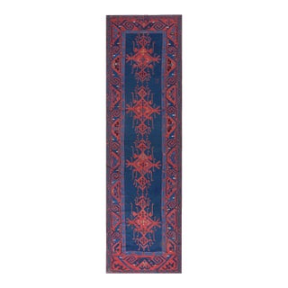 1890s Blue Medallion Antique Caucasian Kilim Rug 4'9" X 17'0" Flatweave Wool Carpet For Sale