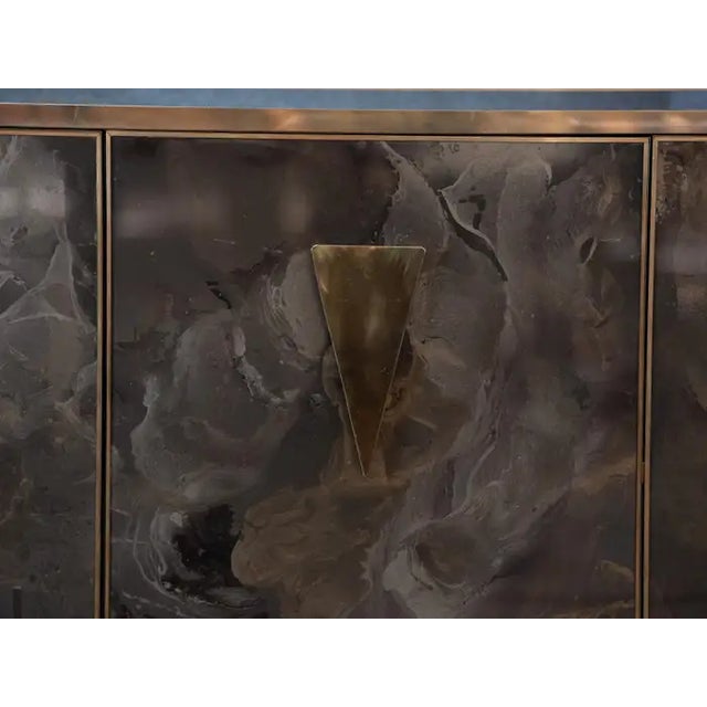 Italian Sideboard Hand-Painted Marble-Effect Glass With 3 Doors For Sale - Image 4 of 11