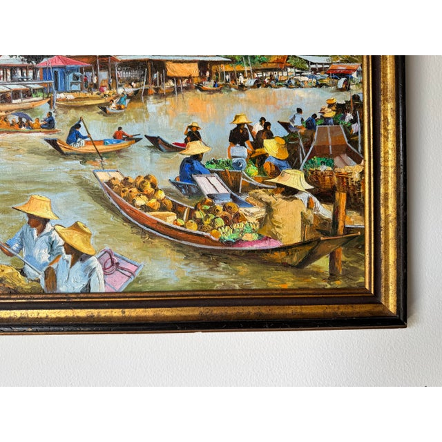 1970's Vintage Asian Floating Market Oil on Masonite Painting by Sam Ruey For Sale - Image 9 of 11