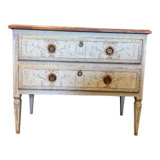 Vintage Italian Neoclassical Style Hand Painted Painted Commode With Faux Marble Top For Sale
