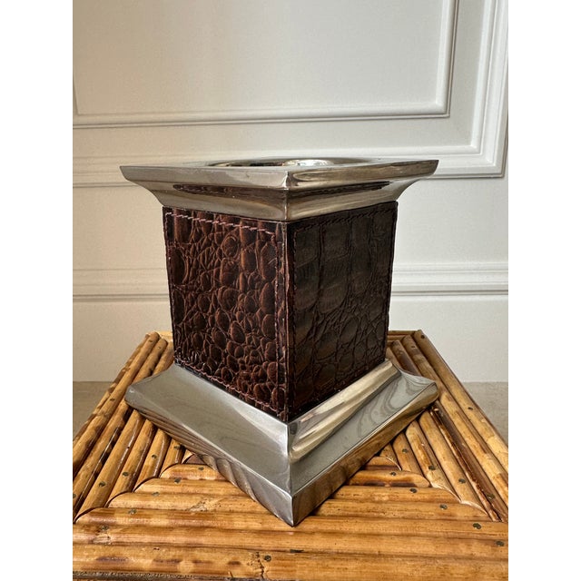 Brown Vintage Leather and Silverplate Ralph Lauren Style Pillar Candleholder For Sale - Image 8 of 18