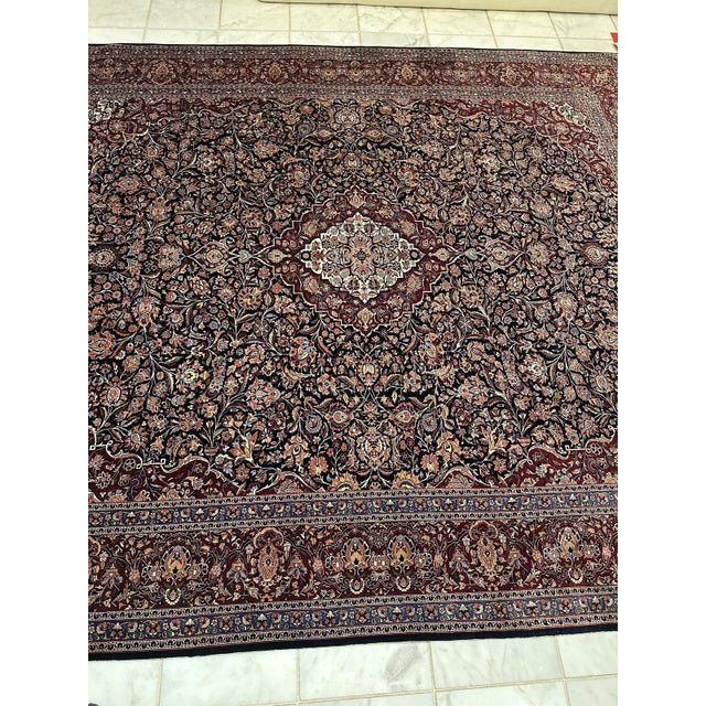 1980s Silk Hereke Rug | Rich Floral Design | Navy Blue | 7'5"x8'10" For Sale - Image 5 of 8