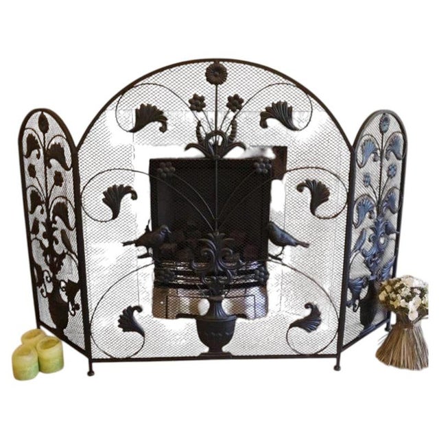 2000 - 2009 Metal Three-Panel Fireplace Screen with Bird and Floral Motifs For Sale - Image 5 of 5