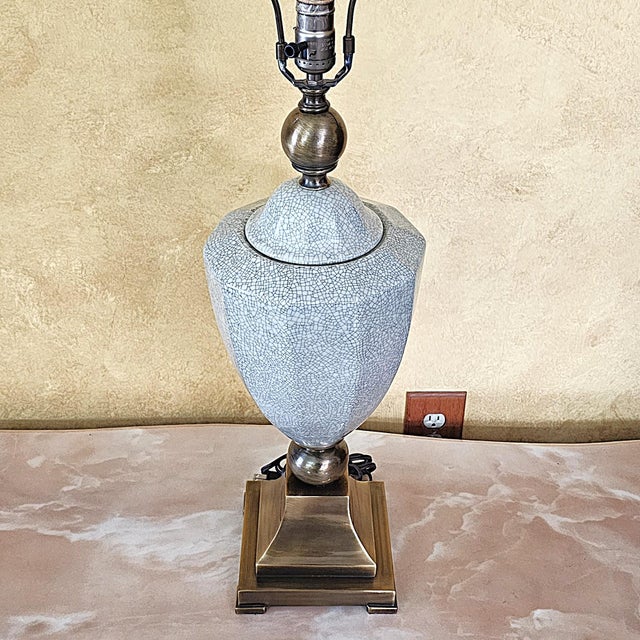 Ceramic Vintage Crackle Glaze Ceramic Table Lamp on Antiqued Brass Base, Transitional Style For Sale - Image 7 of 18