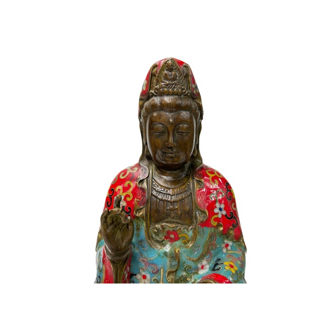 Vintage Cloisonne Enamel Lotus Base Bodhisattva Metal Buddha Statue For Sale - Image 9 of 16