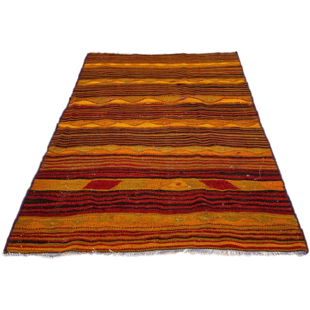 Turkish 1960s Vintage Turkish Kilim Orange Handmade Stripe Wool Rug For Sale - Image 3 of 10