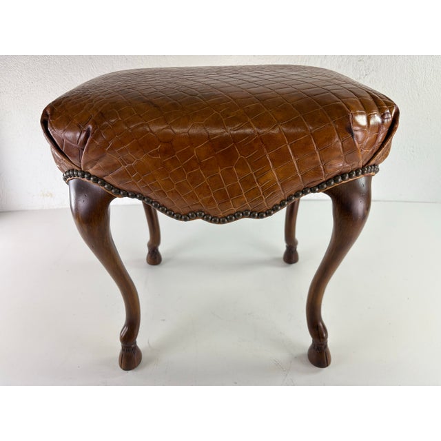 Wood Ralph Lauren Regency Inspired Leather and Walnut Vanity Bench For Sale - Image 7 of 12