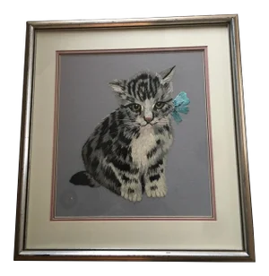 Vintage Embroidered Needlework Framed Kitten