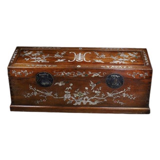 Vintage Chinese Huali Rosewood Scroll Box | Mother-of-Pearl Inlaid Long Chest With Brass Mounts For Sale
