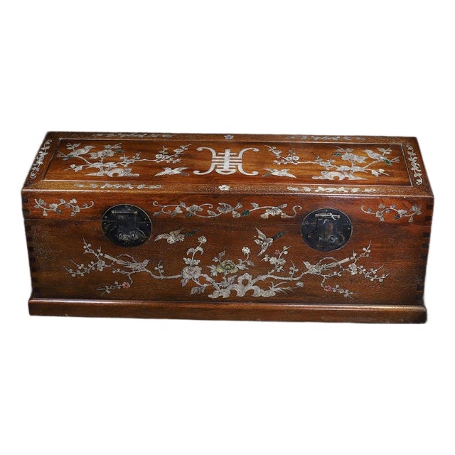 Vintage Chinese Huali Rosewood Scroll Box | Mother-of-Pearl Inlaid Long Chest With Brass Mounts For Sale