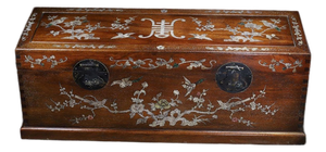 Vintage Chinese Huali Rosewood Scroll Box | Mother-of-Pearl Inlaid Long Chest With Brass Mounts