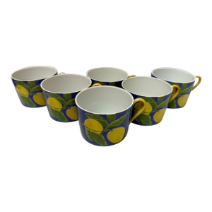 1980s Set of 6 Laure Japy, Limoge Porcelain, Paris, France in Jardin Bleu Lemon Pattern,