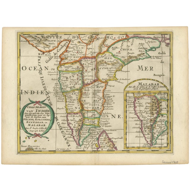 Map of Southern India and Malabar with Inset Map from Sanson, 1705 For Sale