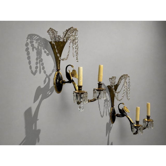 1930s Neoclassical Style, Swan Sconces, Gilt Metal, Crystal, France - a Pair For Sale - Image 4 of 11