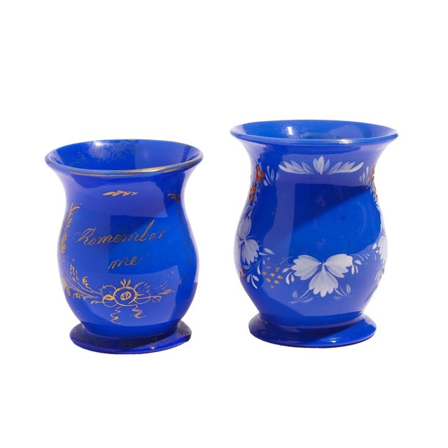 English Pair of English Miniature Blue Opaline Blown Glass Mugs, C. 1830 For Sale - Image 3 of 6