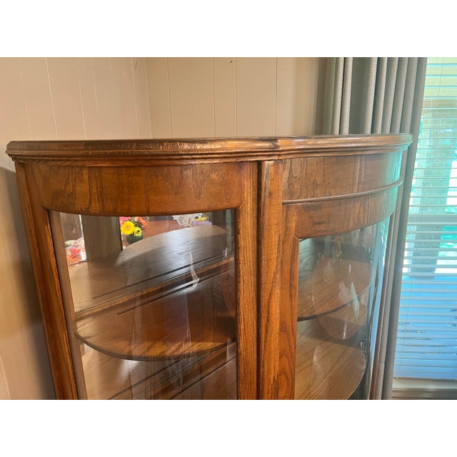 Victorian Antique Oak Curved-Glass China Cabinet For Sale - Image 3 of 9