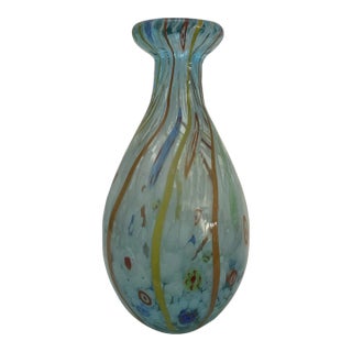 1990s Handblown Art Glass Vase Decor Murano Millefiori Style Turquoise For Sale