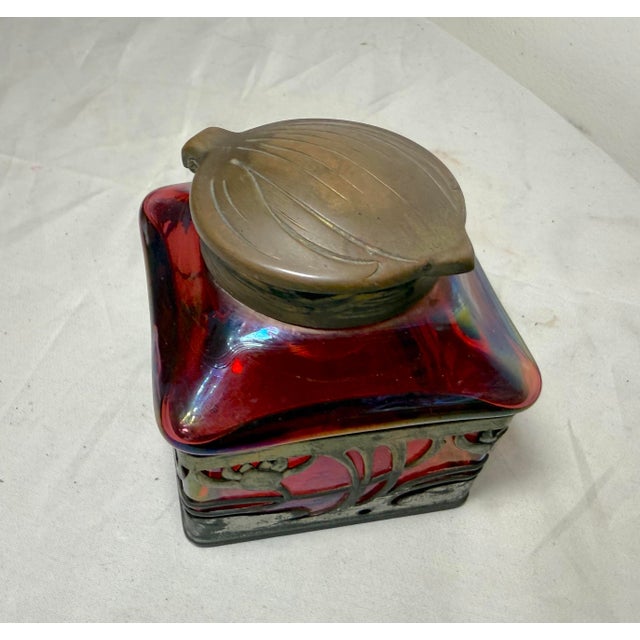 Antique Carl Stolzle Austrian Art Nouveau Red Glass Bronze Writing Inkwell Jar For Sale - Image 16 of 18