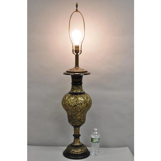 Vintage Syrian Anglo Indian Ornate Floral Etched Brass Tall Table Lamp. Circa Early 20th Century. Measurements: 44" H (to...