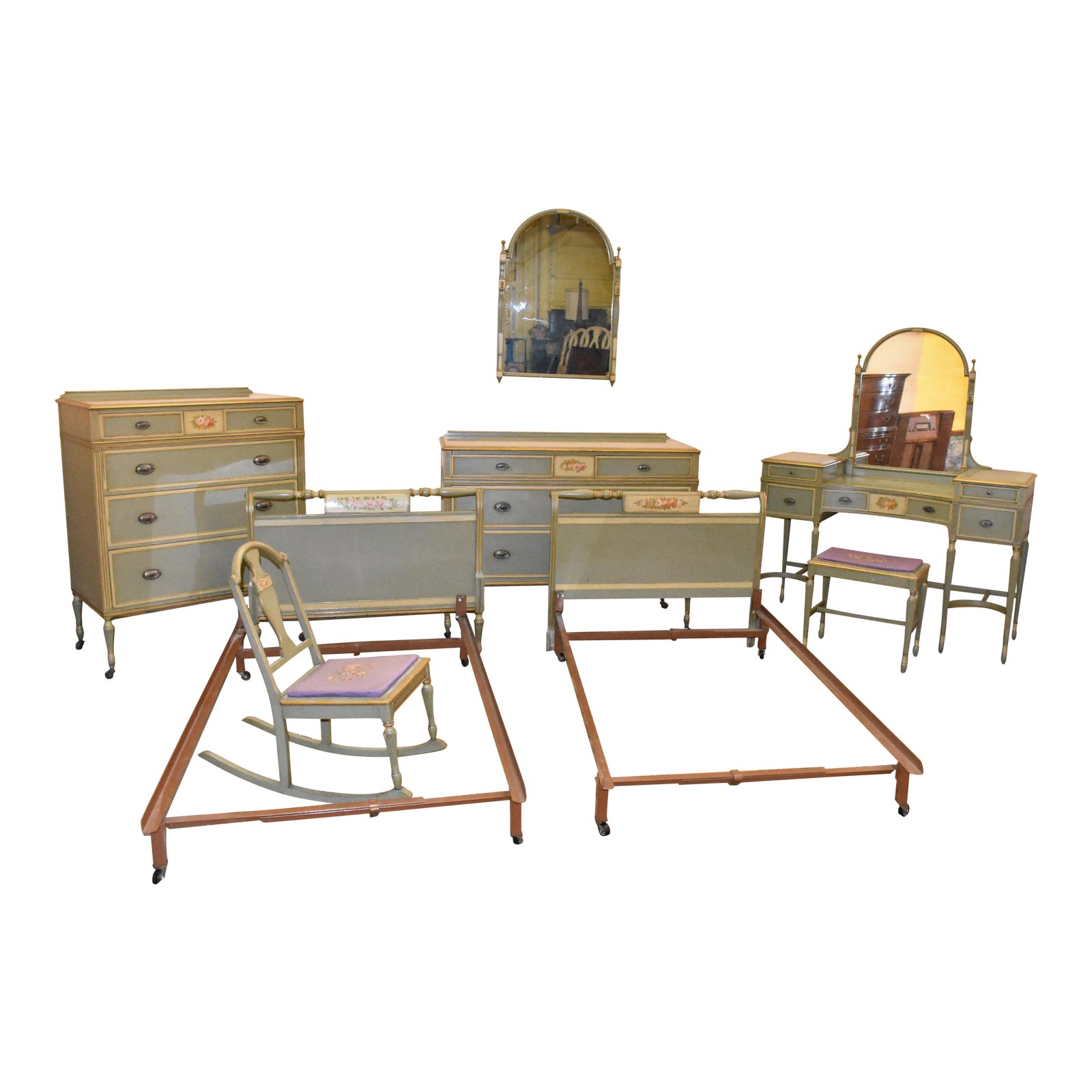 Berkey & Gay Furniture Antique Green Painted Bedroom Set Set of 7