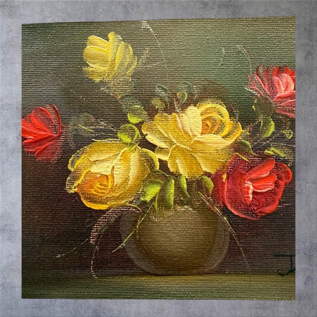 Mid-Century Modern Vintage Floral Oil Painting Original Signed Rose Still Life Small Canvas 1960s For Sale - Image 3 of 6