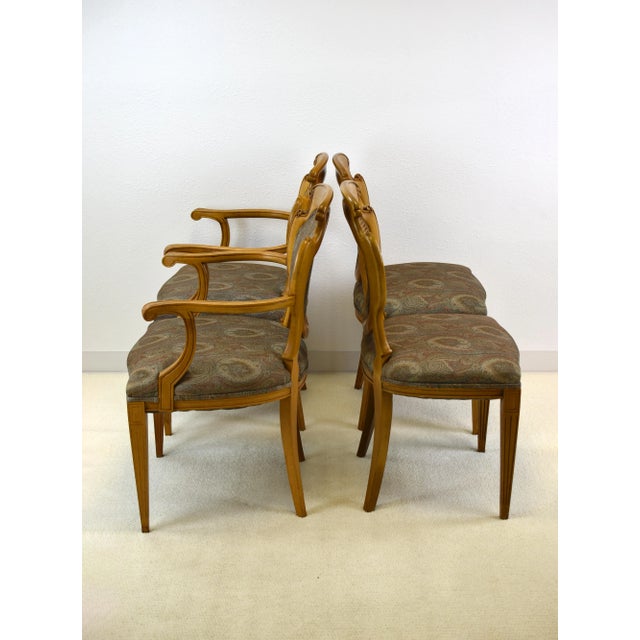 French Provincial 1950s Vintage Louis XVI Style Country French Provincial Solid Oak Cane & Upholstery Back Fluted Legs Chairs - Set of 4 For Sale - Image 3 of 12