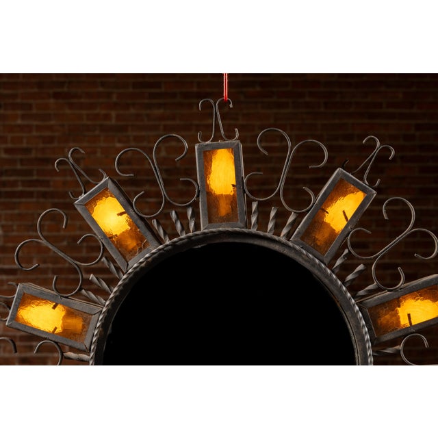 Vintage Spanish Revival Wrought Iron Sunburst Mirrored Light Fixture For Sale - Image 4 of 7