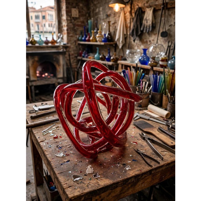 Red glass decorative sculpture The Love Knot by Onlylux, featuring an elegant interweaving of shiny glass canes. Height 20...