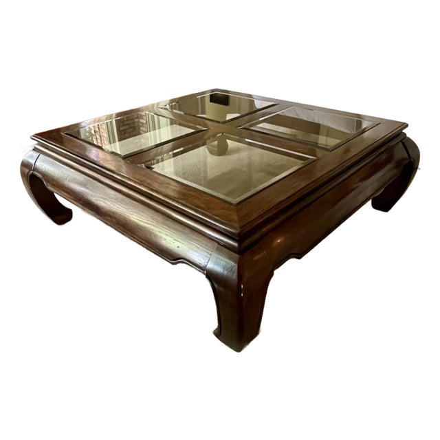 Ming Style Walnut & Glass Square Cocktail Table For Sale