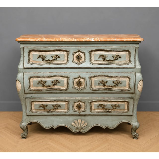 Louis xv style bombé commode, painted, marble top, late 19th century elegant louis xv style bombé commode with three...