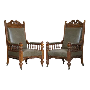Set of Victorian Carved Oak & Leather Throne Armchairs