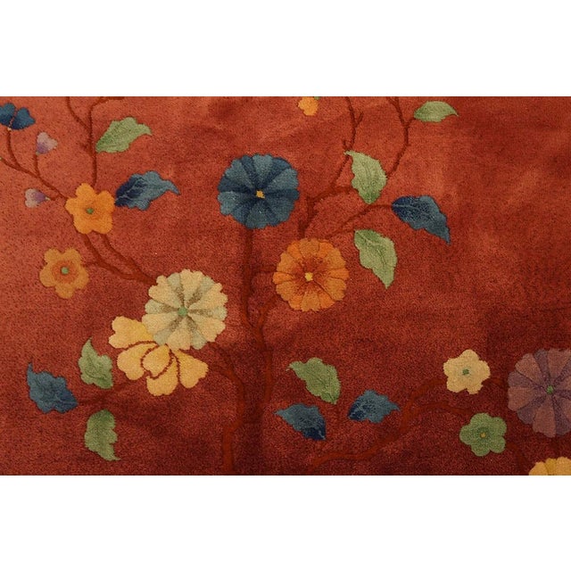 Fabuluos Red Background Color With Delicate Floral Design Antique Chinese Art Deco Rug For Sale - Image 9 of 9