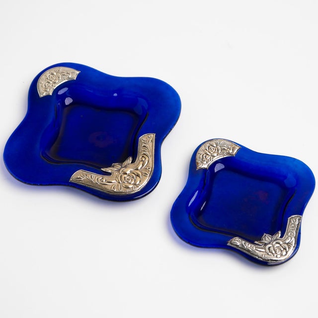 Vintage Cobalt Blue Glass Catchalls With Silver Overlay - Set of 2 For Sale - Image 10 of 12