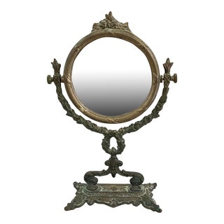 Vintage Brass Standing Tabletop Mirror For Sale