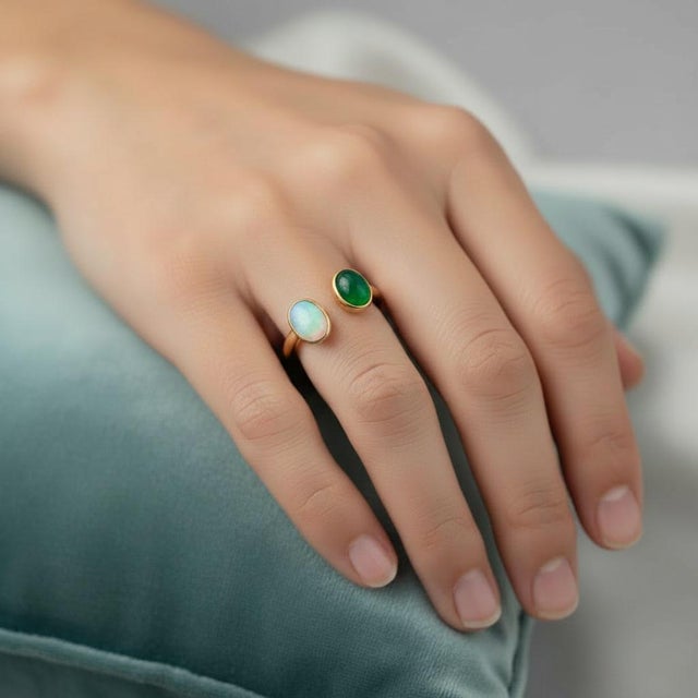 Modern Toi Et Moi Gemstone Ring: Opal and Onyx, Size 7.5 For Sale - Image 3 of 8
