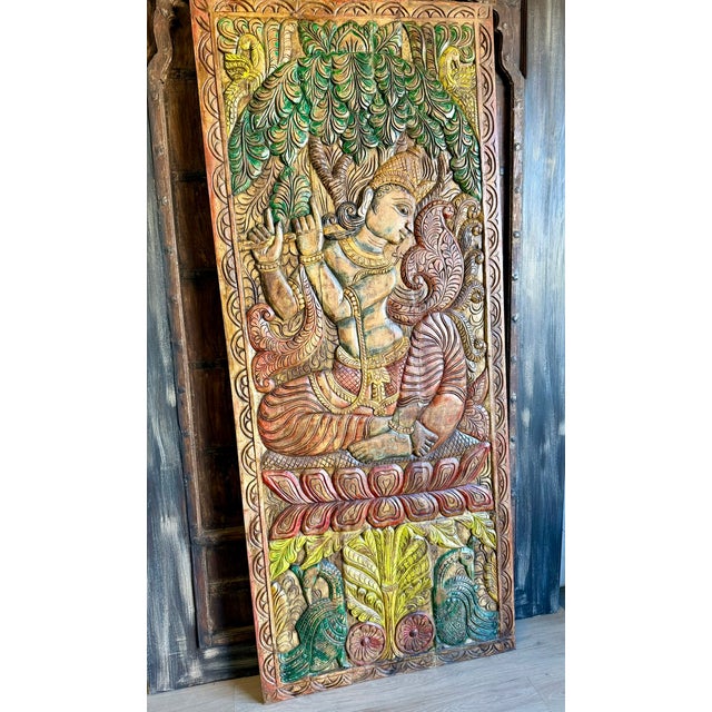 1920s Fluting Krishna Carved Wood Wall Art – Vintage Indian Door Panel Decor 83x36 For Sale - Image 5 of 8